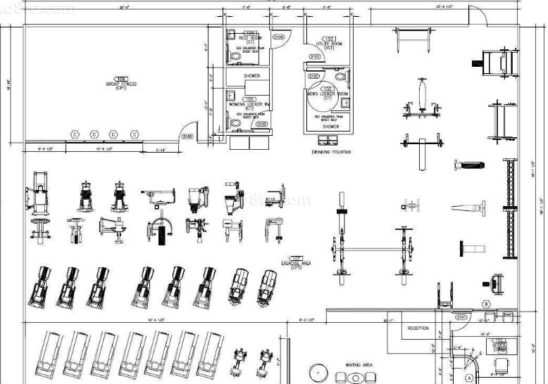 健身房cad平面布置图，小型健身房cad平面布置图免费下载(健身房设计cad平面图)